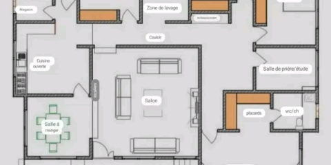 plan de villa 4 chambres salon cuisine douche