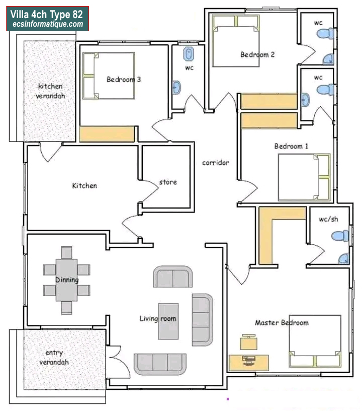 Plan de maison 4 chambres salon - Distribution 2D - Villa T5 Type 2