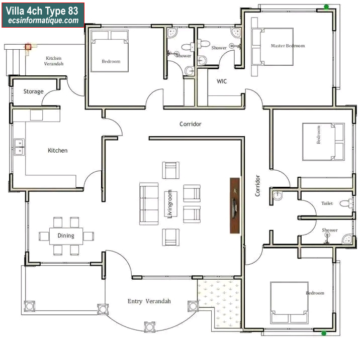 Plan de maison 4 chambres salon - Distribution 2D - Villa T5 Type 3