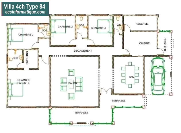 Plan de maison 4 chambres salon - Distribution 2D - Villa T5 Type 4