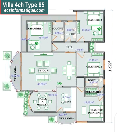 Plan de maison 4 chambres salon - Distribution 2D - Villa T5 Type 5