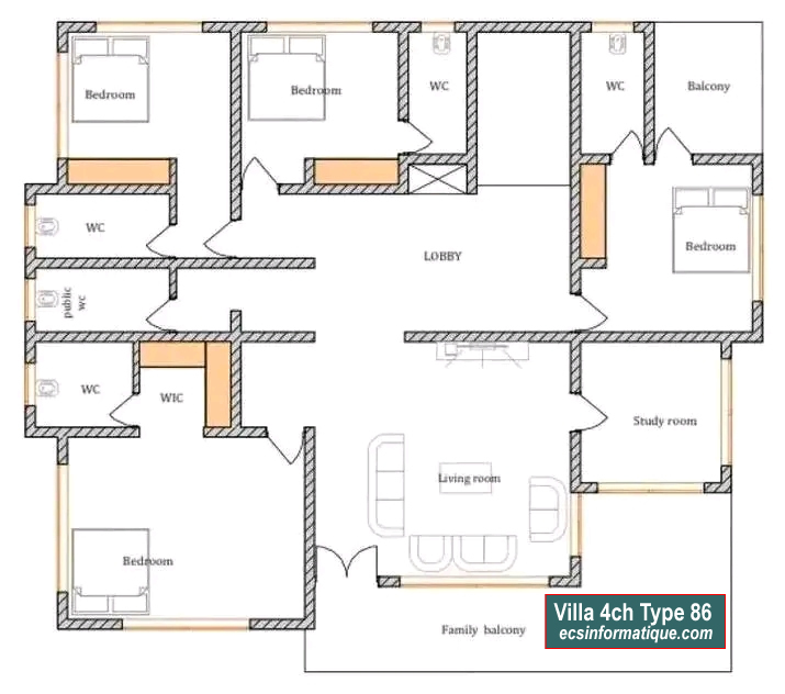 Plan de maison 4 chambres salon - Distribution 2D - Villa T5 Type 6