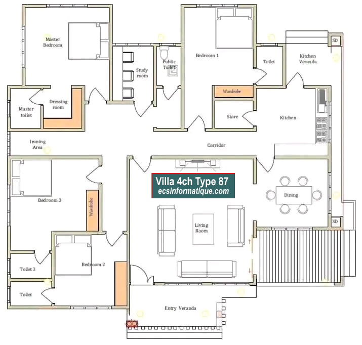 Plan de maison 4 chambres salon - Distribution 2D - Villa T5 Type 7
