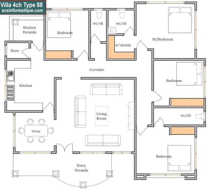 Plan de maison 4 chambres salon - Distribution 2D - Villa T5 Type 8