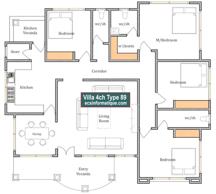 Plan de maison 4 chambres salon - Distribution 2D - Villa T5 Type 9