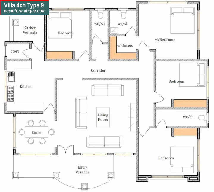 Plan de maison 4 chambres salon - Distribution 2D - Villa T5 Type 9