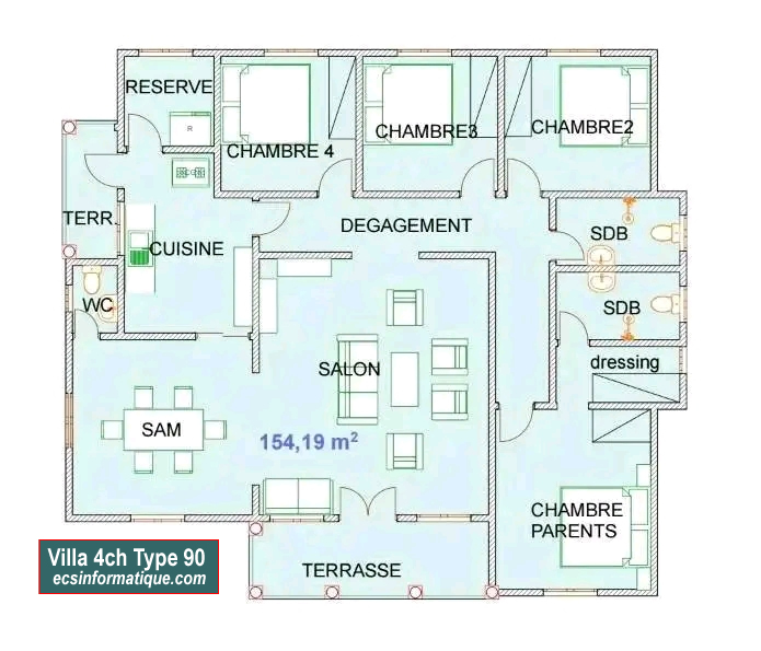Plan de maison 4 chambres salon - Distribution 2D - Villa T5 Type 10