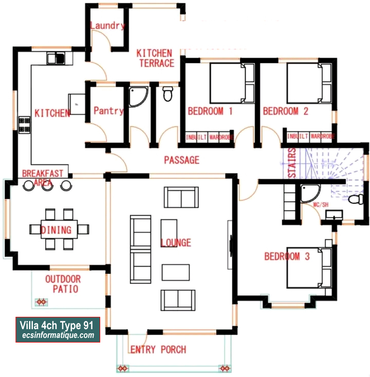 Plan de maison 4 chambres salon - Distribution 2D - Villa T5 Type 11