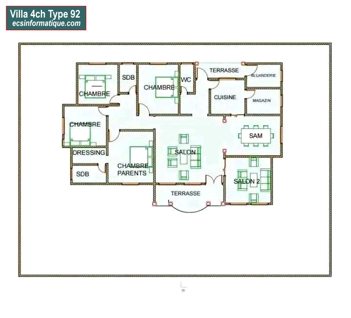 Plan de maison 4 chambres salon - Distribution 2D - Villa T5 Type 12