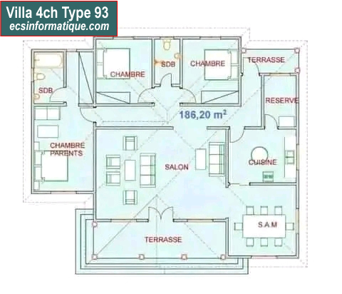 Plan de maison 4 chambres salon - Distribution 2D - Villa T5 Type 13
