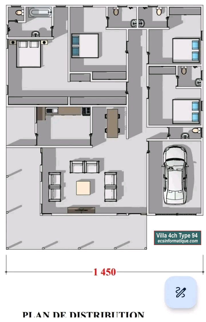 Plan de maison 4 chambres salon - Distribution 2D - Villa T5 Type 14