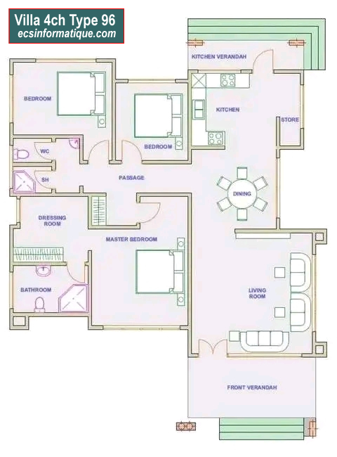 Plan de maison 4 chambres salon - Distribution 2D -Villa T5 Type 16