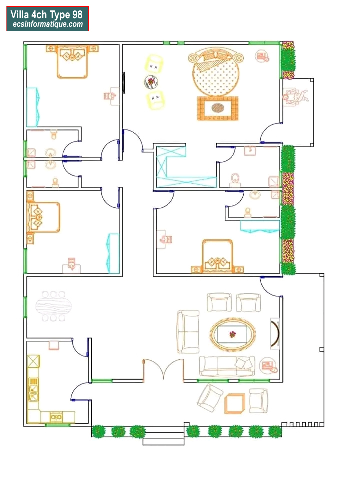 Plan de maison 4 chambres salon - Distribution 2D -Villa T5 Type 18