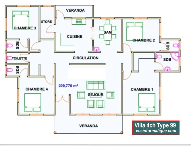 Plan de maison 4 chambres salon - Distribution 2D -Villa T5 Type 19