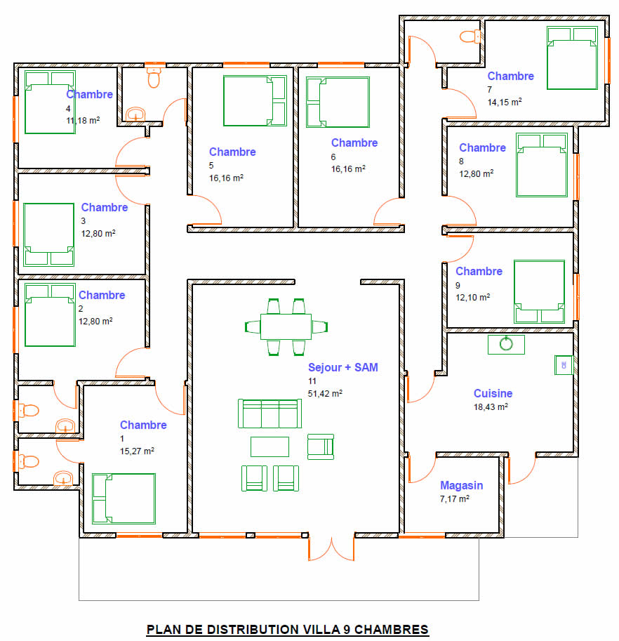 Plan villa basse 9 chambres