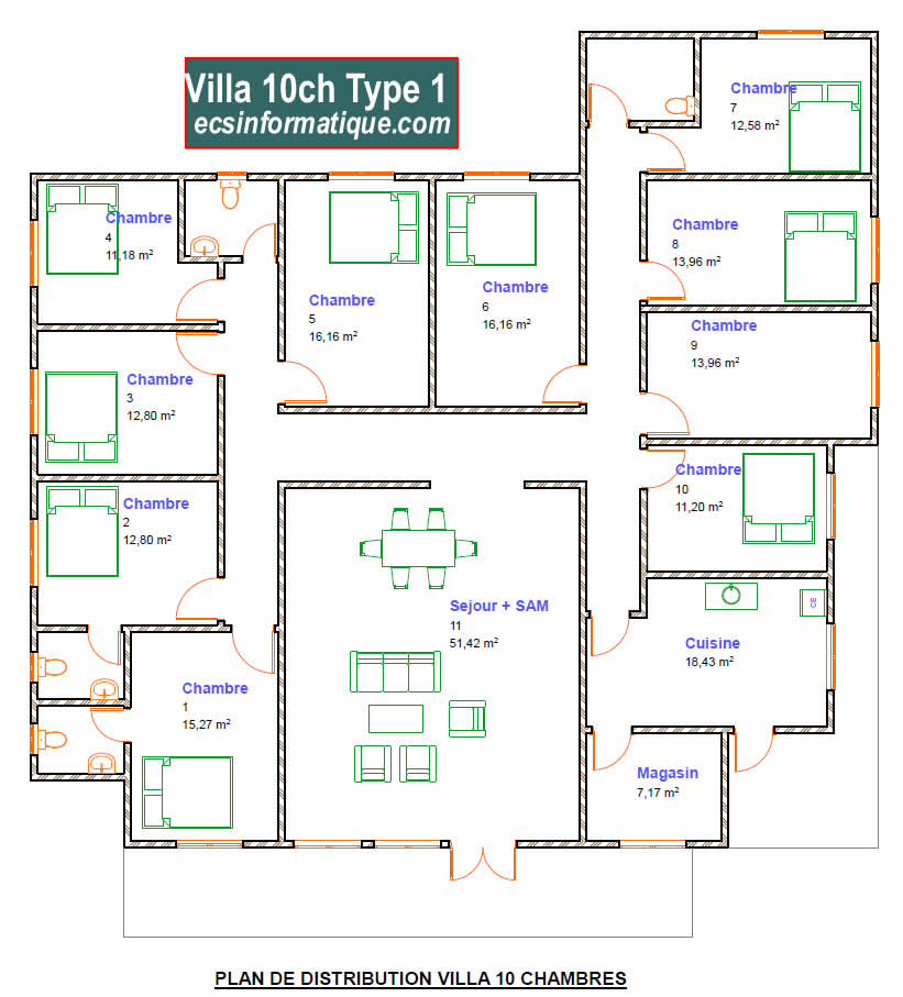 Plan de maison type villa 10 chambres salon