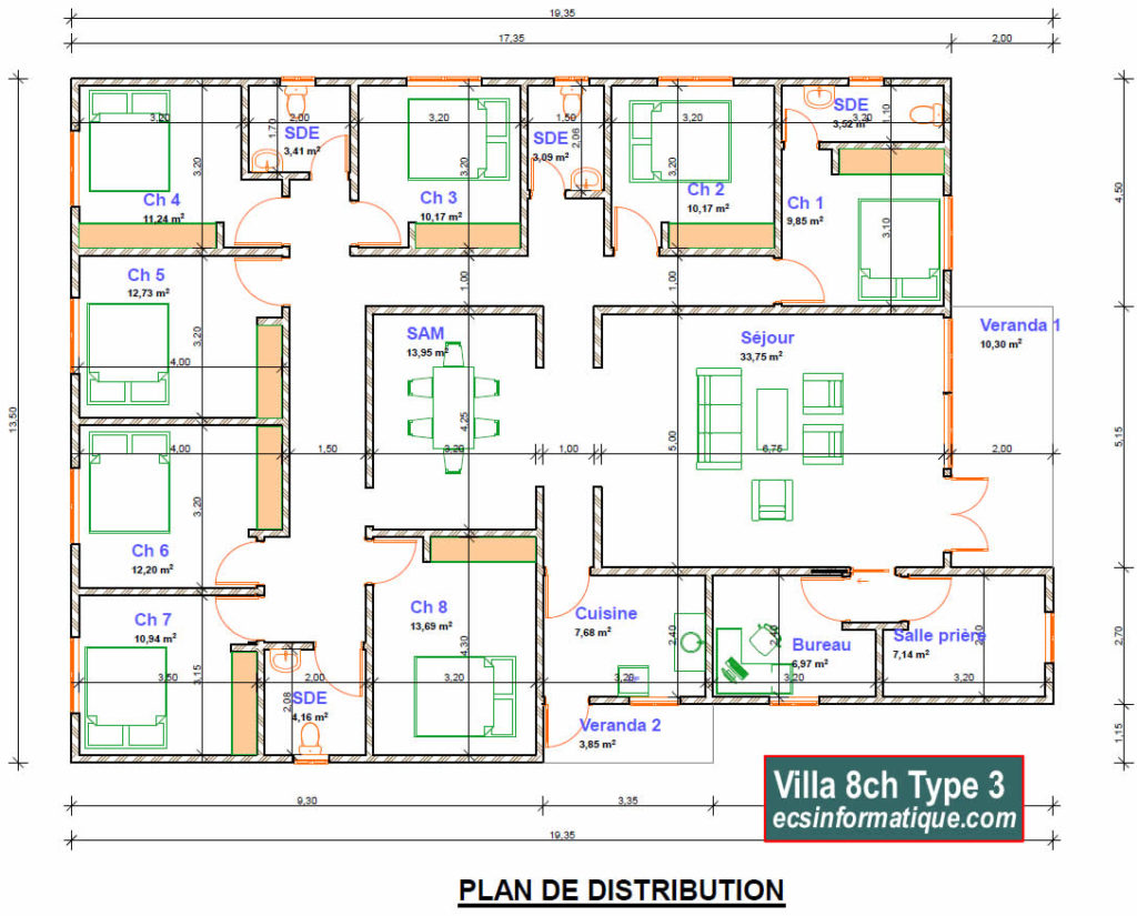 Villa basse 8 chambres salon
