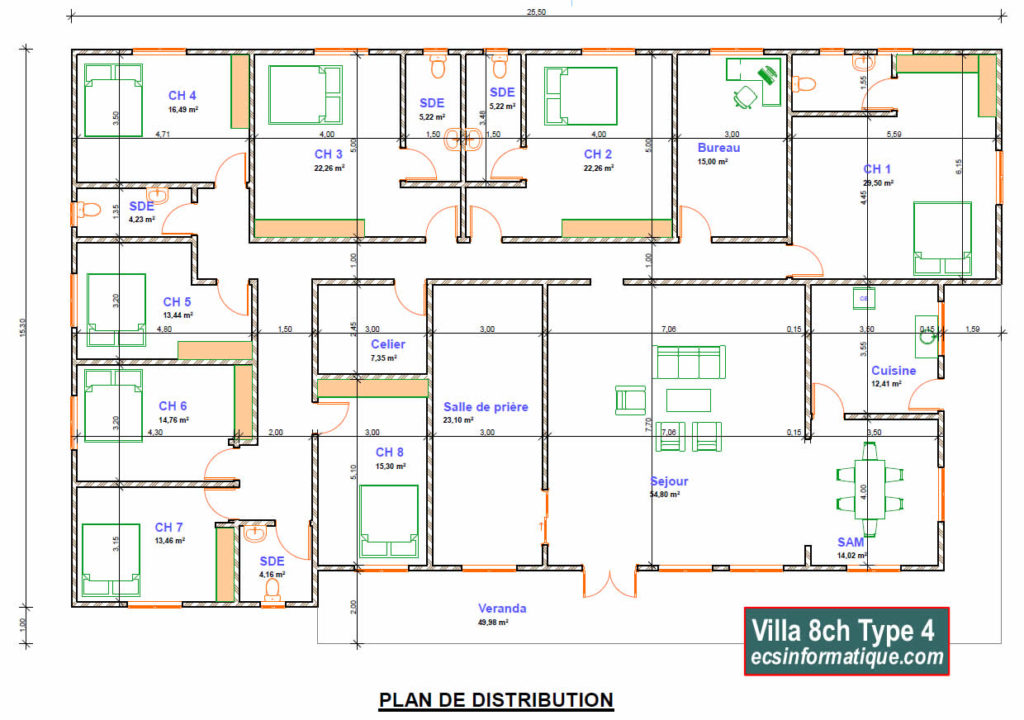 Villa vaste plain pied de8 chambres salon
